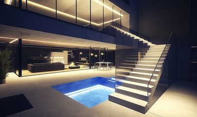 Modern house exterior with illuminated pool, stairs, and interior view at night.