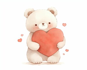 A cute teddy bear holding a heart with smaller hearts around it, embodying love and affection in a playful, cartoonish style.
