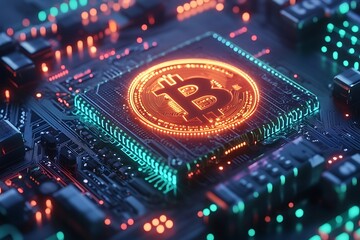 Fototapeta premium Glowing Bitcoin with hacking symbols