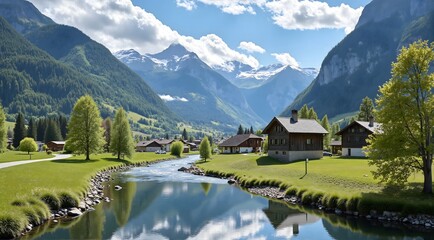 Obraz premium A serene alpine village surrounded by lush greenery, a gentle stream, and majestic snow-capped mountains under a bright blue sky.