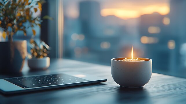 Cozy and tranquil laptop workspace with a glowing candle on the desk illuminating the room as the sun sets outside the window  The blurred reflection creates a atmosphere for work writing