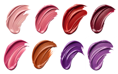 Set of lipstick smears of different colors isolated on white background. Lip gloss colorful smears. Acrylic swatches