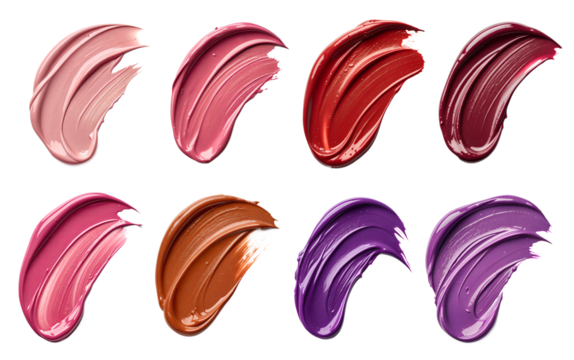 Set of lipstick smears of different colors isolated on white background. Lip gloss colorful smears. Acrylic swatches
