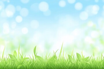 Fototapeta premium Lush Green Grass Under Bright Blue Sky with Gentle Bokeh Background Effect