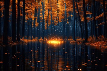 Enchanted autumn forest at night with glowing fireflies reflected in still water