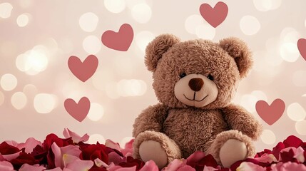 A cute teddy bear surrounded by rose petals and heart decorations, creating a romantic and cozy atmosphere.