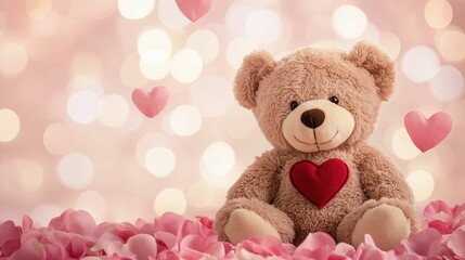 A cute teddy bear with a red heart sits surrounded by rose petals and soft pink bokeh, creating a romantic and heartwarming atmosphere.