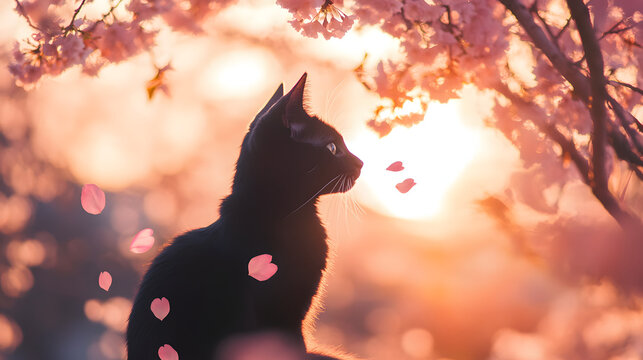 A sleek black cat sitting under the cherry blossoms during hanami season, with pink petals scattered around it and a soft sunset glow in the sky 