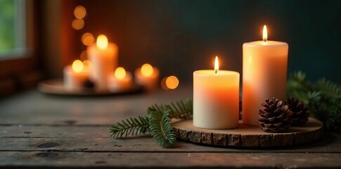 Softly glowing candles on a rustic wooden table with pinecones, soft, cozy, warmth