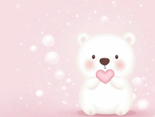 Obraz premium A cute, cartoon polar bear holds a pink heart against a soft pink background, surrounded by gentle bubbles and sparkles.