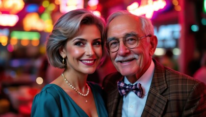Obraz premium Elderly caucasian couple smiling at vibrant indoor event