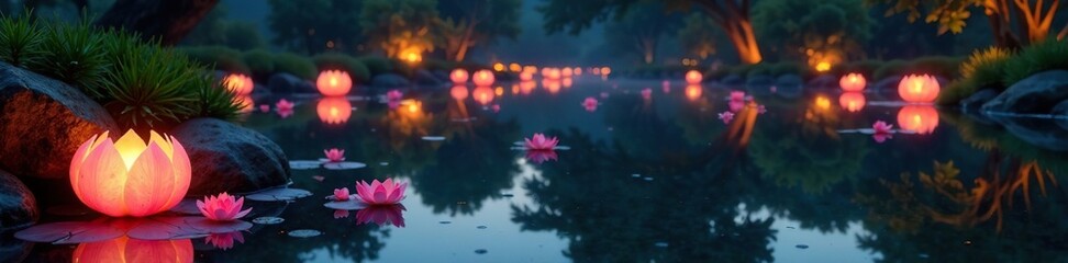 Softly glowing lanterns reflect off the calm waters of a serene pond, Calm Waters,