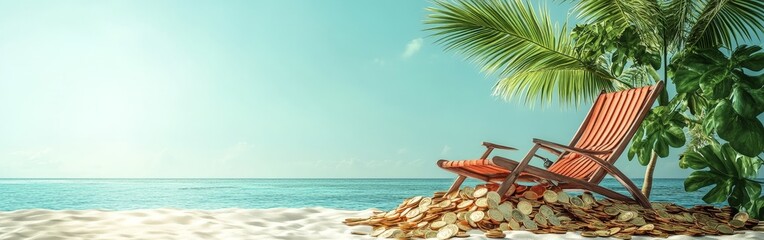 A retirement plan concept showing a beach chair and coins, symbolizing leisure after savings.