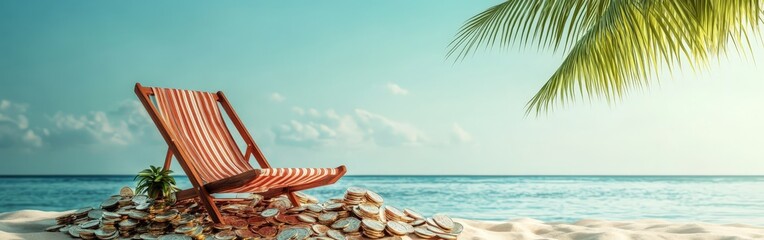A retirement plan concept showing a beach chair and coins, symbolizing leisure after savings.