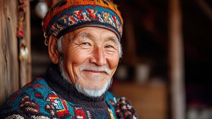 Fototapeta premium Elderly man wearing traditional clothing smiles warmly in a rustic setting during the day