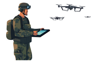 Soldier controlling military drones with tablet