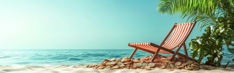 A retirement plan concept showing a beach chair and coins, symbolizing leisure after savings.