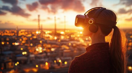 Woman exploring virtual reality at sunset with city skyline in the background