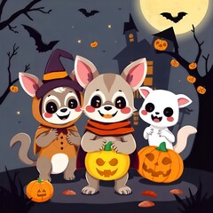 Cute Halloween Animals Cartoon Dogs Cat Trick or Treating
