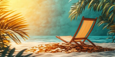 A retirement plan concept showing a beach chair and coins, symbolizing leisure after savings.