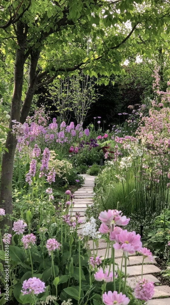 Poster a serene garden unfolds with a meandering path surrounded by vibrant blooms in soft mocha hues. the 