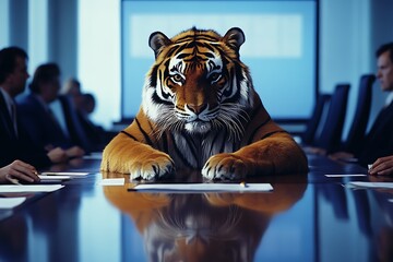 Tiger costume presenting a sales pitch