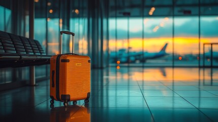 A sleek suitcase in an airport terminal, glowing under warm light, representing travel, elegance, and preparation, ideal for travel-related promotions.