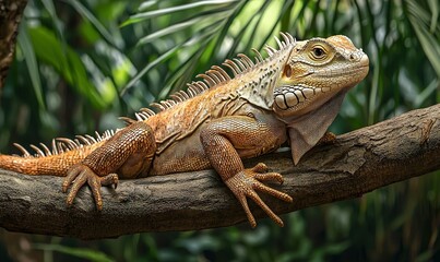 Naklejka premium Orange iguana resting on branch in lush tropical forest setting.