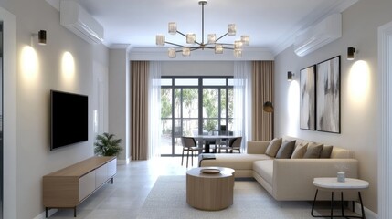 Fototapeta premium Cozy living area features light gray tones, beige curtains, a large TV, and an elegant dining table with chandelier overhead