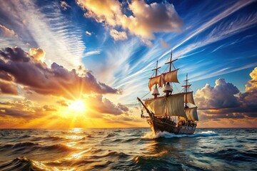 Obraz premium Tilt-shift view of Columbus's voyage, sunrays on ocean currents, high detail.