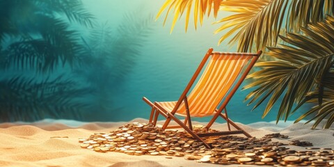 A retirement plan concept showing a beach chair and coins, symbolizing leisure after savings.
