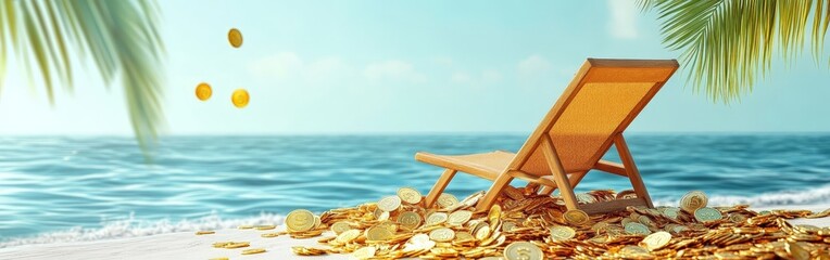 A retirement plan concept showing a beach chair and coins, symbolizing leisure after savings.