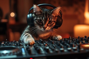 Cat wearing headphones as a DJ