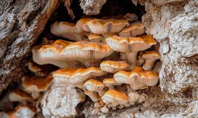 Orange mushrooms growing on a tree trunk in a forest.