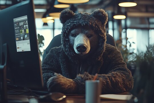 Bear costume colleague hosting an online webinar