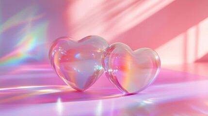 Holographic hearts on a pink background with copy space for the text.