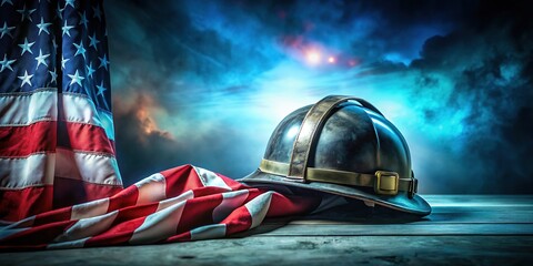 Tribute to firefighters: a helmet, a flag, a solemn vigil.