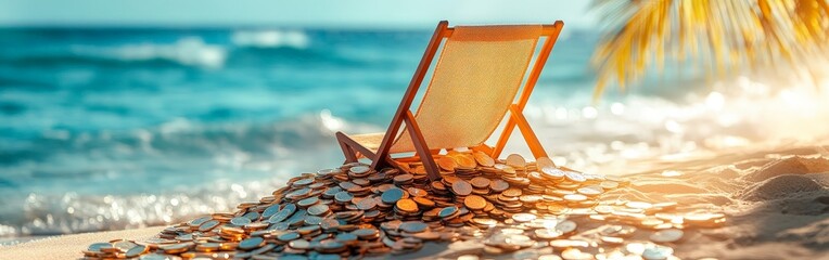 A retirement plan concept showing a beach chair and coins, symbolizing leisure after savings.