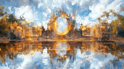 Fototapeta premium Abstract conceptual distortion of nature reflected in a serene lake under a dramatic sky