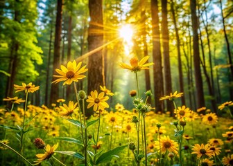 Fototapeta premium Sunny Summer Meadow: Vibrant Yellow Wildflowers in a Lush Forest Landscape