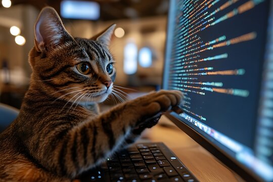Cat programmer coding at a computer