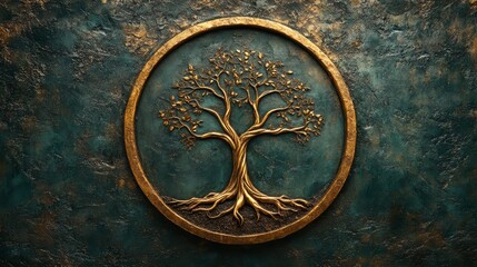 Golden tree of life emblem on dark green textured background.
