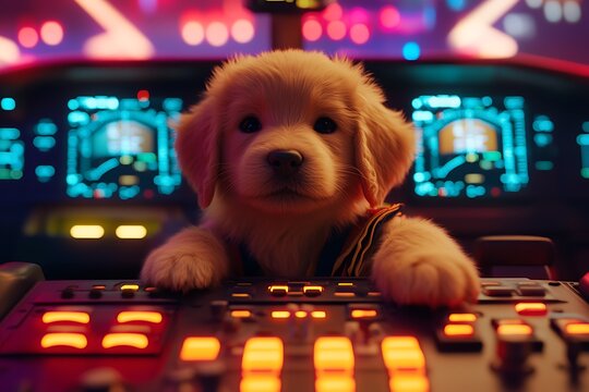 Puppy pilot checking flight instruments