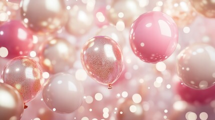 Shiny pink gold balloons on the white and pink bokeh background.