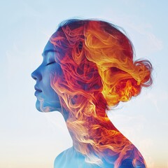 Emotional abstract double exposure art urban setting digital portrait fire and smoke elements side view conceptual imagery