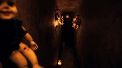 Explore a Haunted Corridor Adorned With Eerie Dolls and Flickering Candles in an Abandoned Location - Powered by Adobe