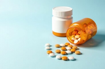 space for text on the left, on the right there are many different tablets, pills and medicines