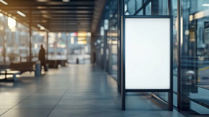 A blank white illuminated advertising billboard in a modern hallway, showcasing for advertising and promotions.