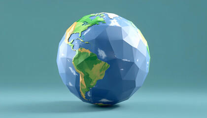 3D rendering Polygonal globe. Low poly Illustration of a earth. Environment and earth day concept, angled photoshot, with white tones