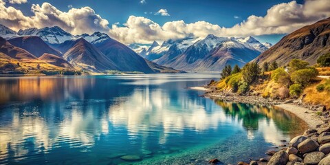 New Zealand's Wanaka Lake: a vintage photo showcasing snow-clad cliffs, glacial beauty, and stone beaches.